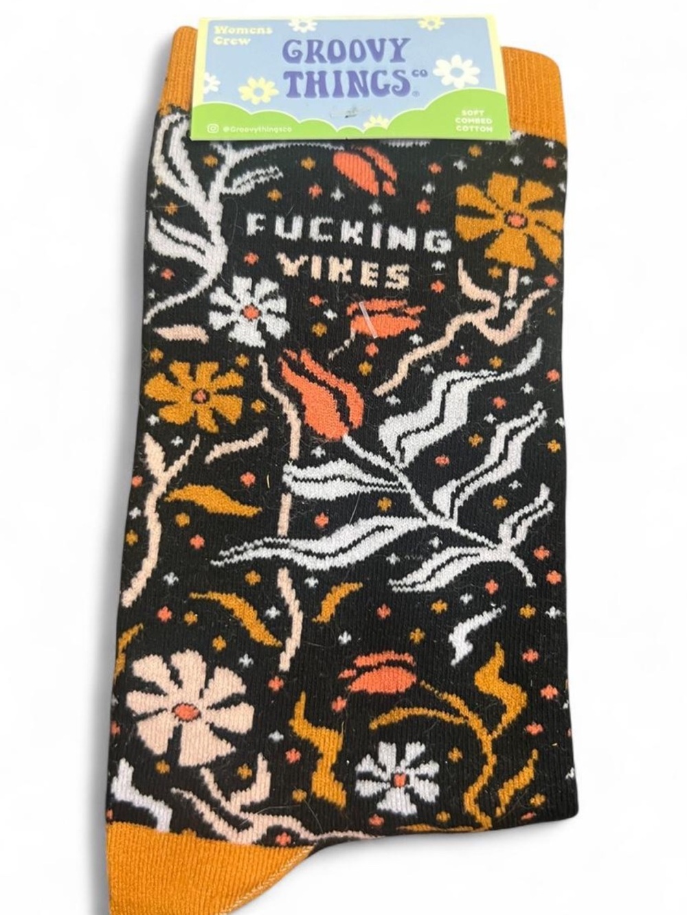 NWT Women's Crew Socks - Black with Orange Floral Funny Witty Yikes